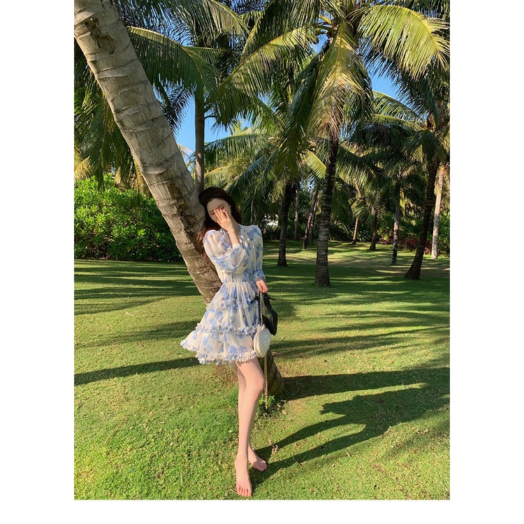 2023 Đầm mini  Voan Ngắn Tay Dài In Họa Tiết Hoa Xanh Dương Thời Trang Mùa Hè Phong Cách Hàn Quốc Cho Nữ