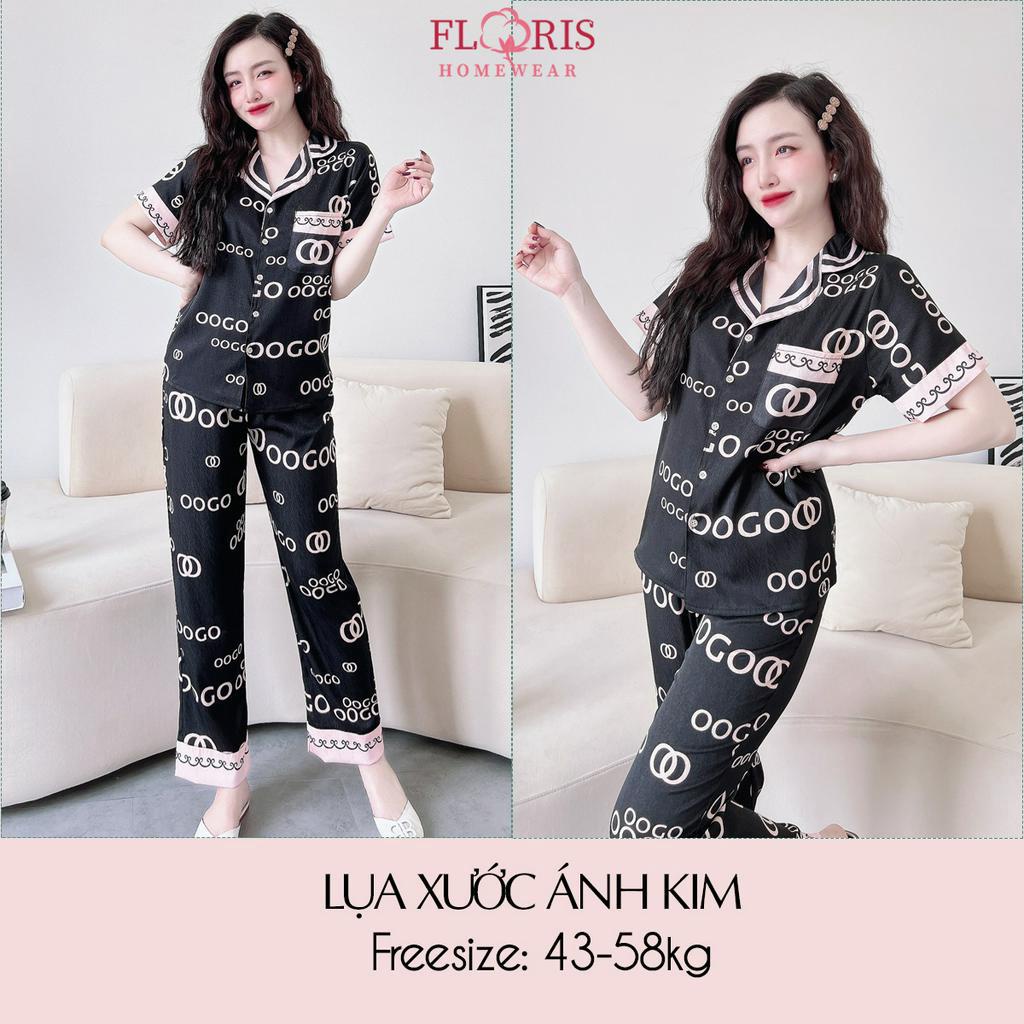 Bộ ngủ pizama mặc nhà lụa xước ánh kim tay ngắn quần dài in viền sang trọng, vải mềm mịn mát Floris Homewear