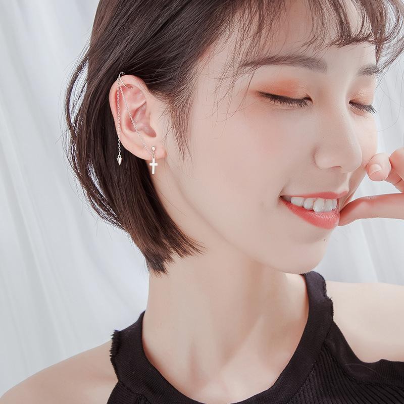 Khuyên tai thả thánh giá kẹp vành tai Bông tai bạc nữ phong cách Hàn Quốc Unisex