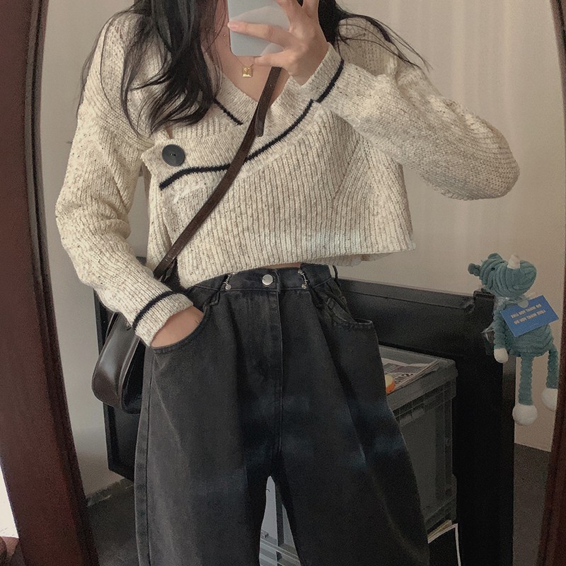 (có ảnh thật) Áo len croptop dài tay cổ đắp chéo cài cúc phong cách ulzzang Hàn Quốc - AL16 | BigBuy360 - bigbuy360.vn