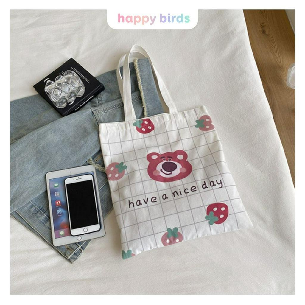Túi tote vải canvas đeo vai hoạt hình gấu dâu vải bố canvas đựng đồ đi học thêm đi chơi phong cách Hàn Quốc HappyBirds