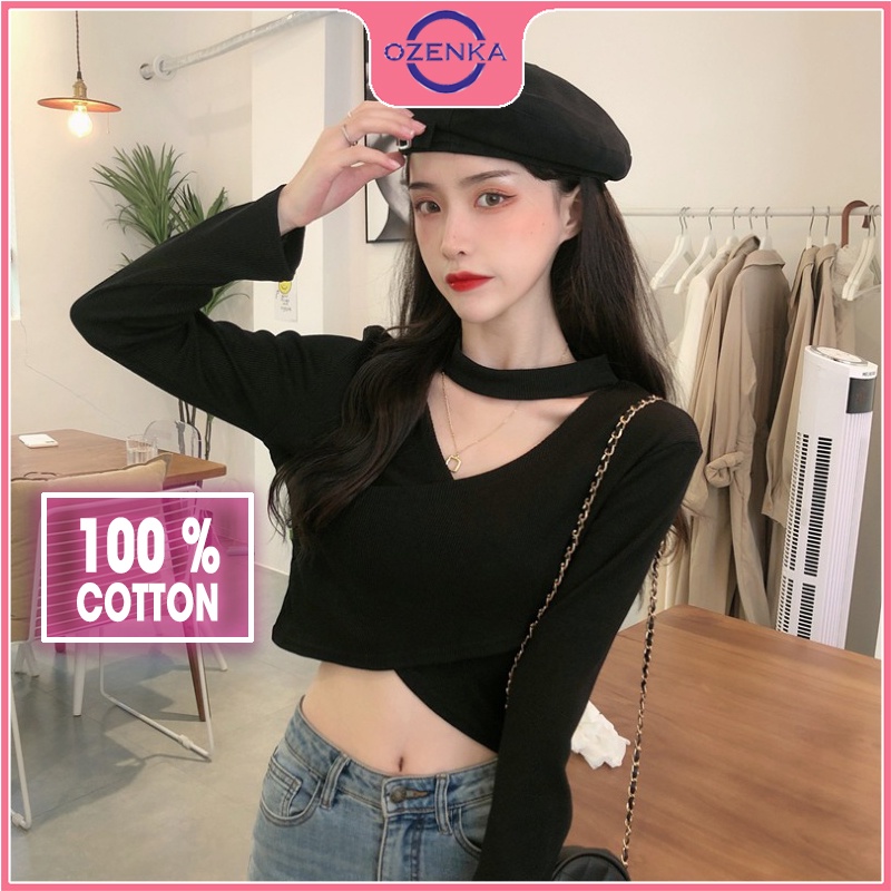 Áo croptop tay dài cổ v đắp chéo OZENKA , áo thu đông nữ đẹp len tăm cotton cao cấp màu đen trắng free size dưới 50 kg