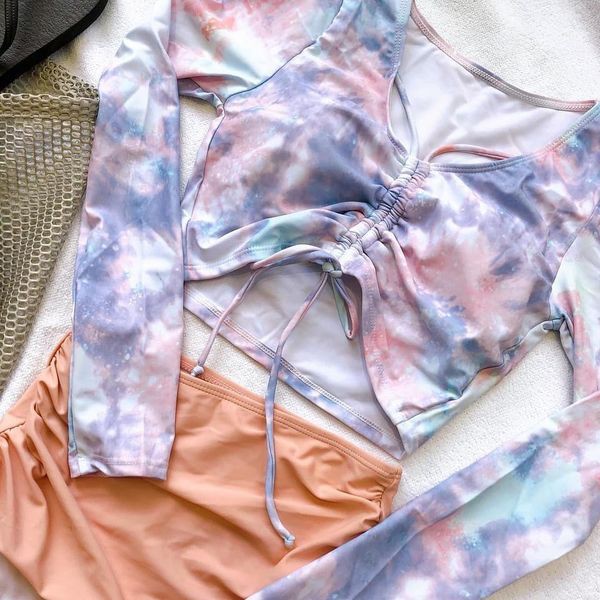 (Mẫu mới 2021) Bikini, đồ bơi tay dài hai mảnh màu pastel quần màu cam đào xinh xắn tôn dáng giấu bụng tôn da Hàn Quốc