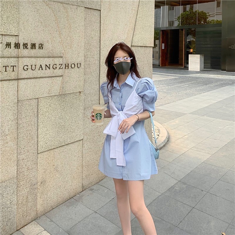 Set đầm sơmi áo cột nơ