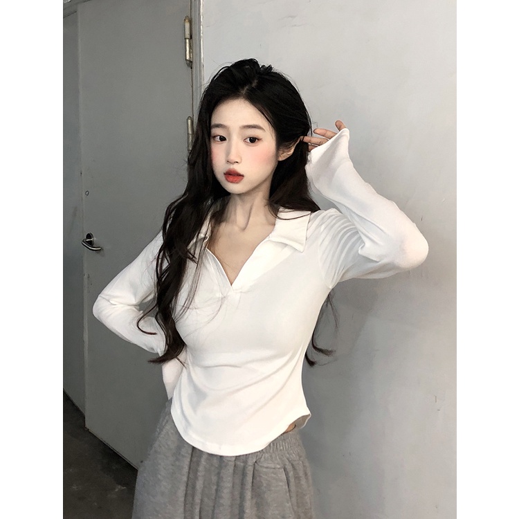 Áo Thun Cotton Mỏng Tay Dài Cổ Polo Màu Trơn Thời Trang Dành Cho Nữ