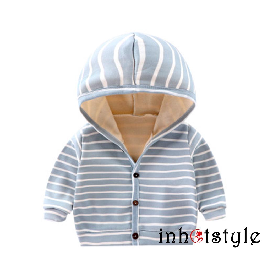 Áo khoác hoodie phối nhung hoạ tiết kẻ sọc giữ ấm mùa đông cho bé