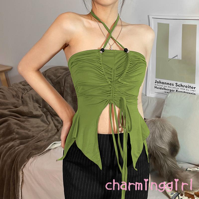 Áo Crop Top Màu Trơn Dây Rút Cổ Độc Đáo Thời Trang Cho Nữ