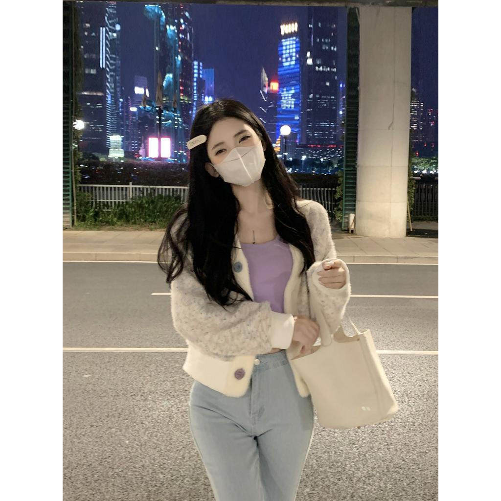 Áo Khoác cardigan Dáng Ngắn Form Ôm Họa Tiết Chấm Bi Màu Cầu Vồng Ngọt Ngào