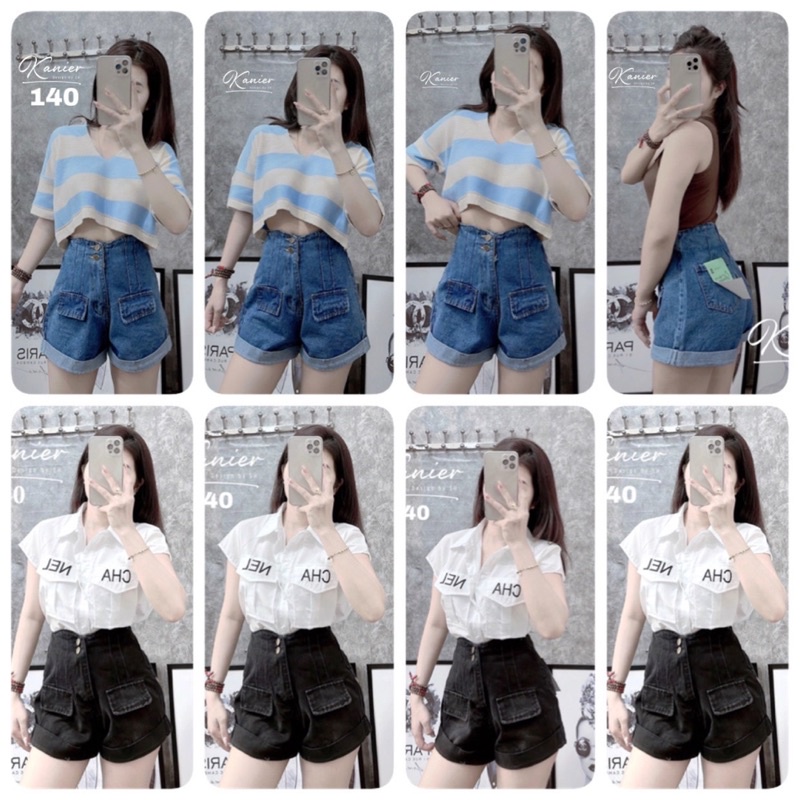 Quần Sooc Jeans 2 Nút Túi Hộp, 2 Màu Xanh Và Đen Khói