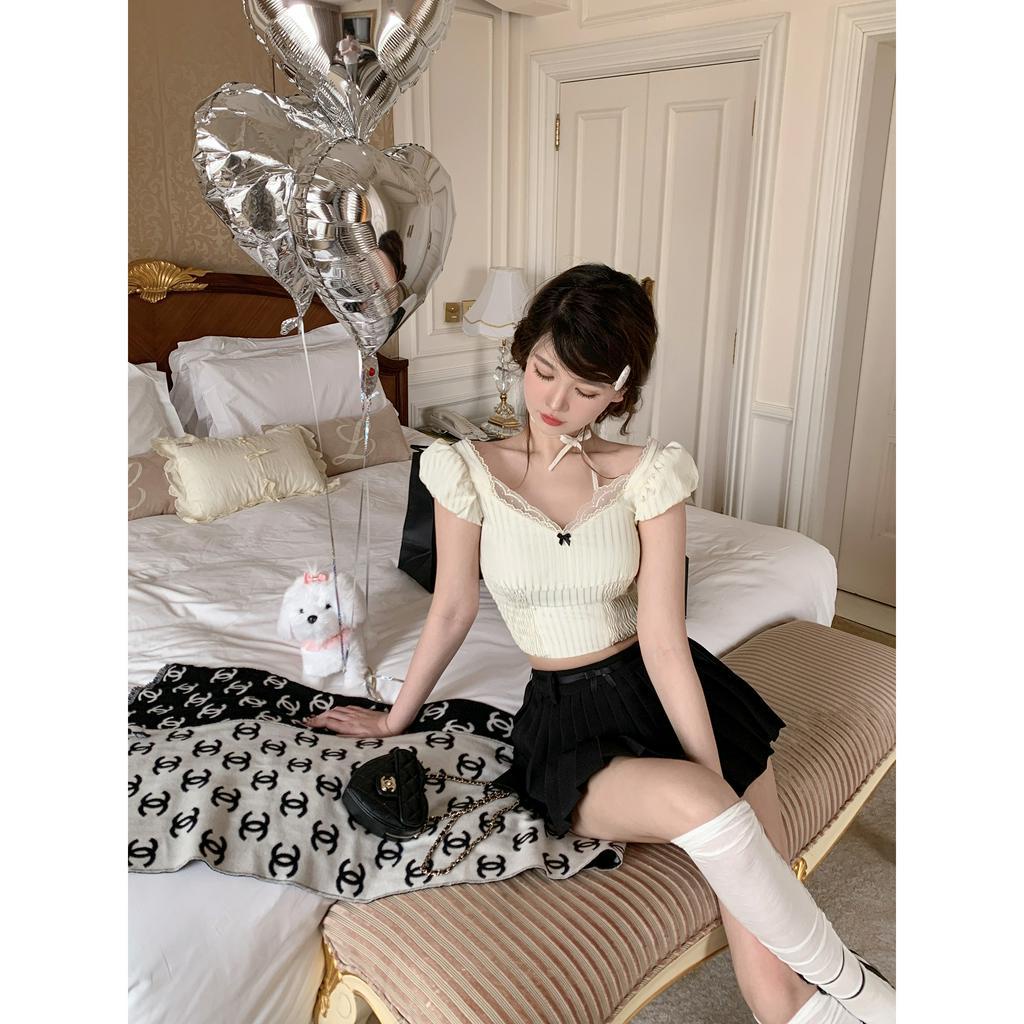 Áo Kiểu Tay Phồng Cổ Chữ V Phối Ren Dáng Ôm Sọc Ca Rô Thời Trang Pháp Xinh Xắn Cho Nữ