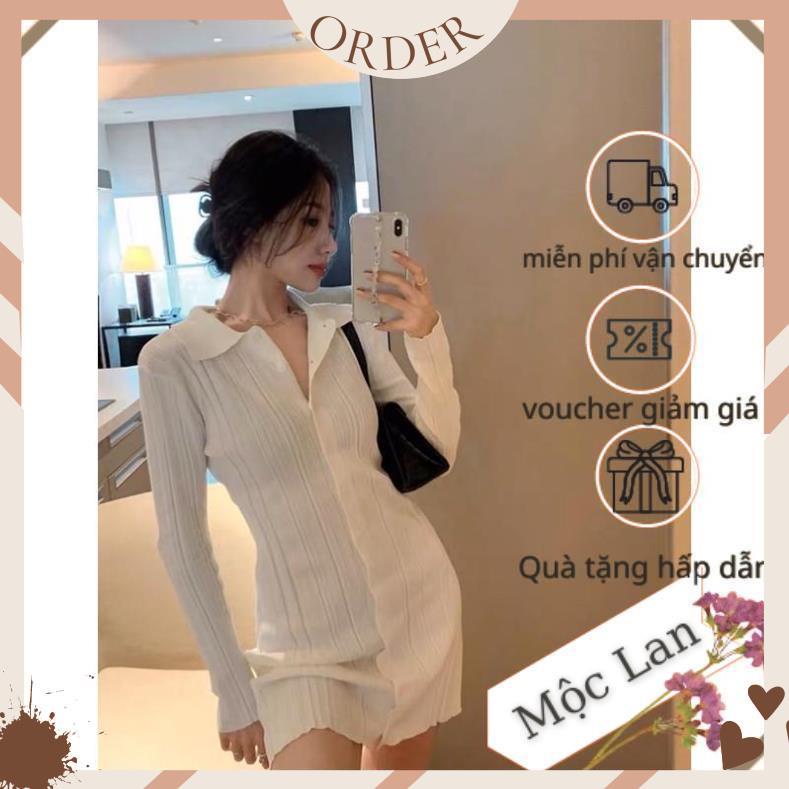 (MộcLan ORDER) Váy polo body tay dài màu trắng dệt kim phong cách Hàn Quốc 2021 AH1021 | BigBuy360 - bigbuy360.vn