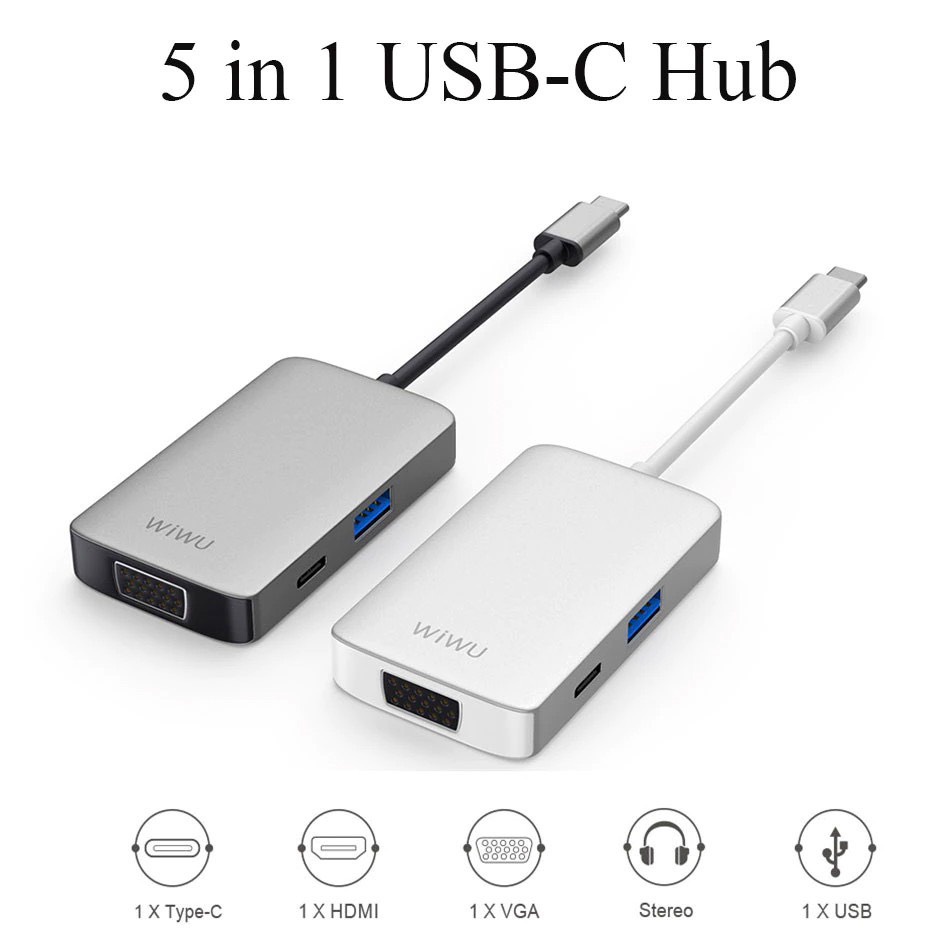 HUB CHUYỂN ĐỔI WIWU 5IN1 ALPHA USB-C - A513HVP HDMI 4K VGA USB 3.0 Jack 3.5mm PD 87W