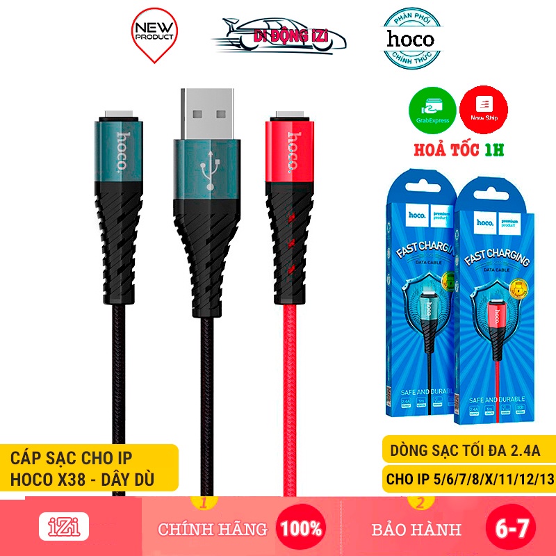 Cáp Sạc IP2.4A Cho 5/6/7/8, X/XsMax 11/12/13/Pro/ProMax, Hoco X38 - Cáp Dây Dù Siêu Bền, Sạc Nhanh Max 2.4A [CHÍNH HÃNG]