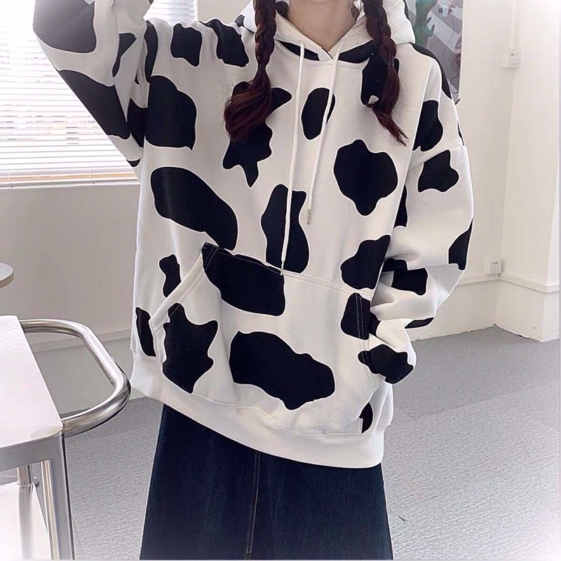 "Hoodie Nỉ Ngoại Bò Sữa KNN19 Form rộng (Freesize Dưới 75kg)  Áo hoodie loang bò sữa - Áo nỉ có nón | BigBuy360 - bigbuy360.vn