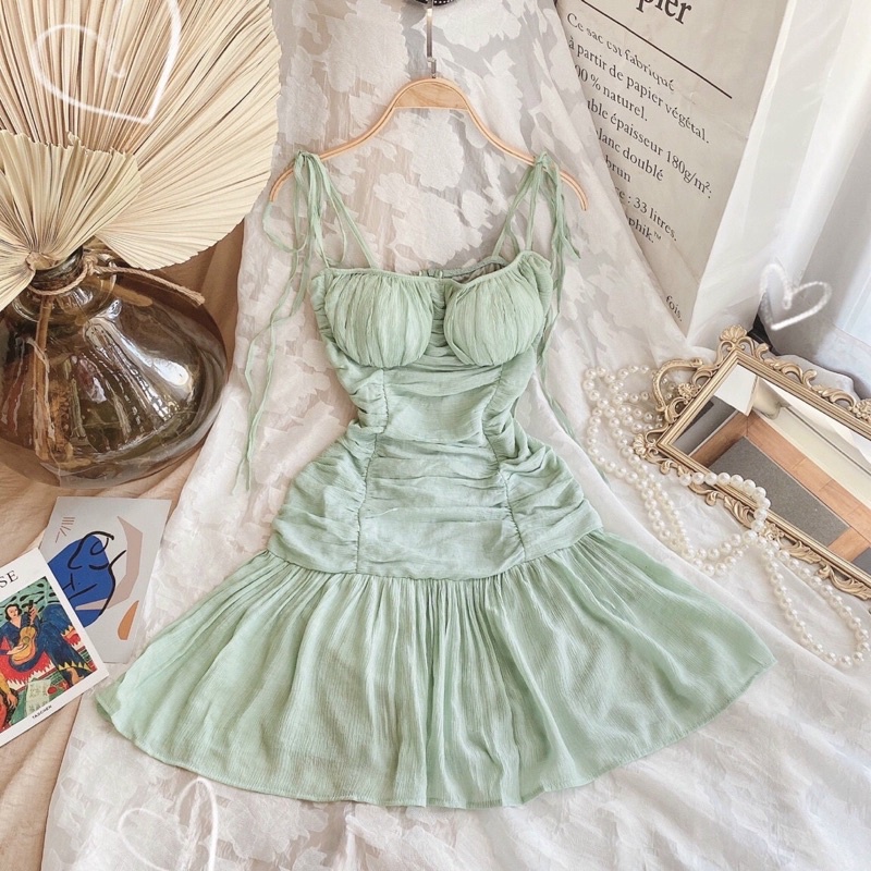 Đầm cột dây nhún eo dáng xoè