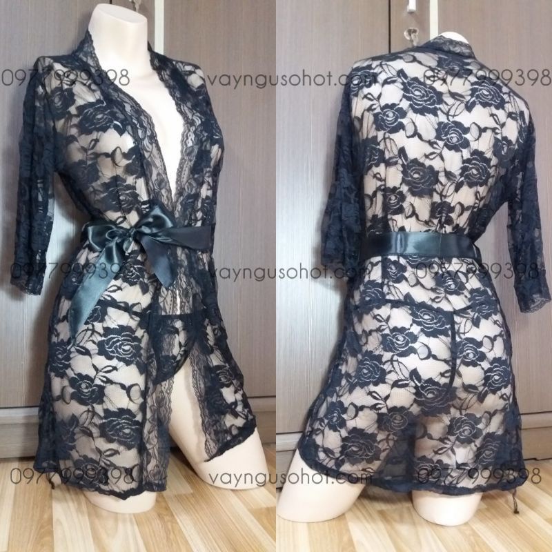 set áo choàng ren hoa kèm quần lót buộc dây sexy gợi cảm