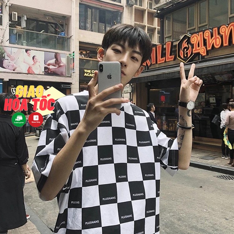 Áo thun form rộng caro tay lỡ checkerboard PLUSMAN