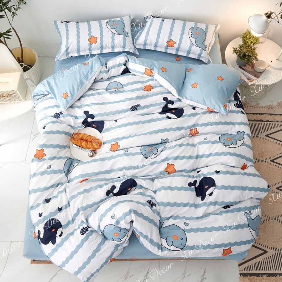 Bộ Vỏ Chăn Ga Gối Cotton Poly Nhập Mẫu Cá Heo Trắng.Chăn Ga Gối Mền Gia Đình Siêu Sang-Sịn-Mịn. Xu Decor.