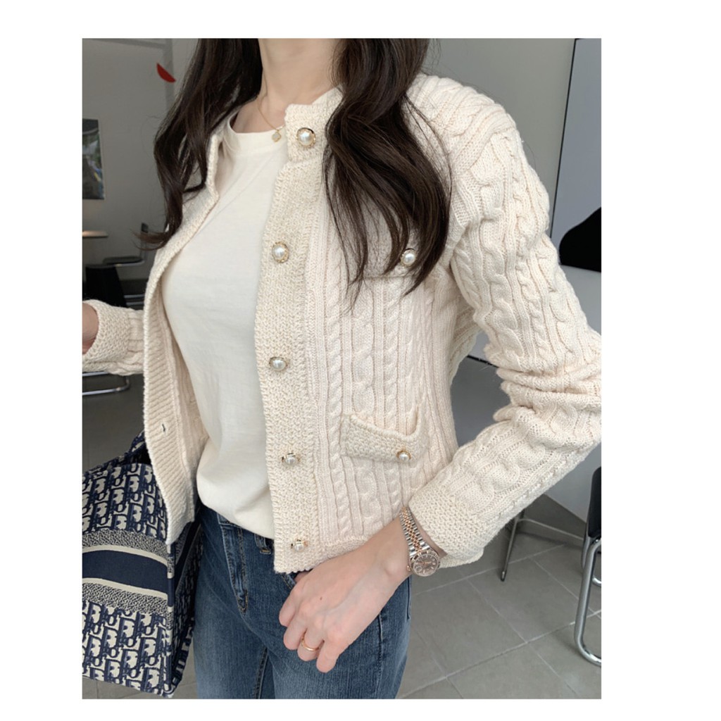 Áo khoác cardigan dệt kim đính ngọc trai giả phong cách retro