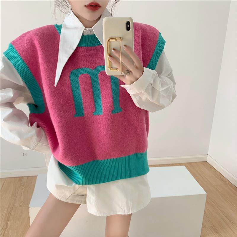 Set áo sơ mi dài tay cổ búp bê + áo len không tay hợp thời trang cho nữ (có bán lẻ) | BigBuy360 - bigbuy360.vn