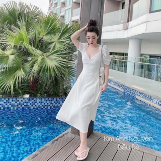 Váy trắng cúp ngực cổ v tay bồng cực xinh