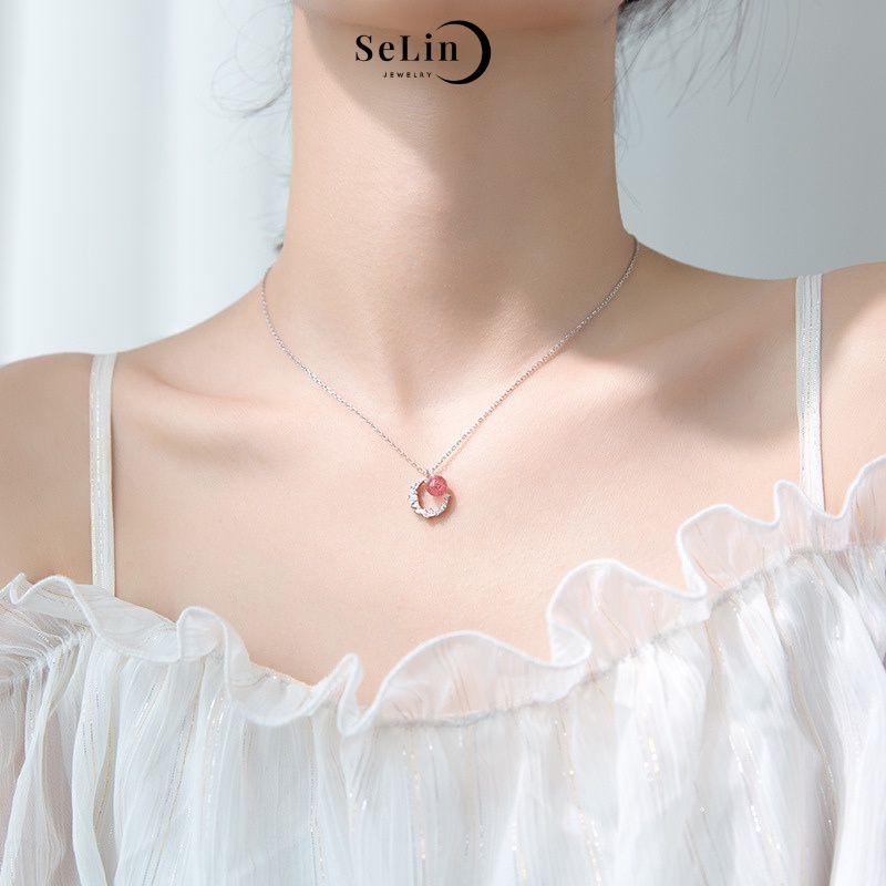 Dây chuyền nữ bạc 925 hình mặt trăng khuyết SELIN JEWELRY đính đá mặt trăng màu đỏ nữ tính