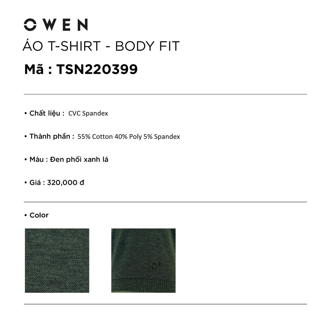 Áo thun nam ngắn tay cổ tròn OWEN TSN220399 phông T-shirt vải cotton cao cấp mềm mát dáng body fit màu đen phối xanh lá