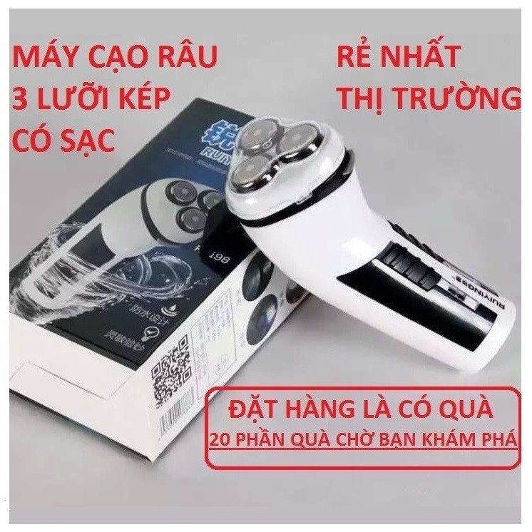 [𝙈𝙪𝙖 𝙇𝙖̀ 𝘾𝙤́ 𝙌𝙪𝙖̀] Dao Cạo Râu Chạy Điện Có Thể Sạc Pin - Có Đèn Led Mầu Trắng - Xanh. Máy Cạo Râu 3 Lưỡi Đa Năng FS198