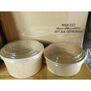 50 tô giấy kraft 2 lớp có nắp PET 750ml - 1000 ml bánh bông lan, chè....