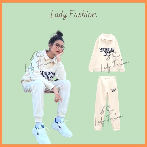 Bộ Nỉ Lót Lông Nữ Mùa Đông Lót Bông Dày Dặn Dài Tay Cổ Kéo Khóa Màu Be Thêu 1975 Lady