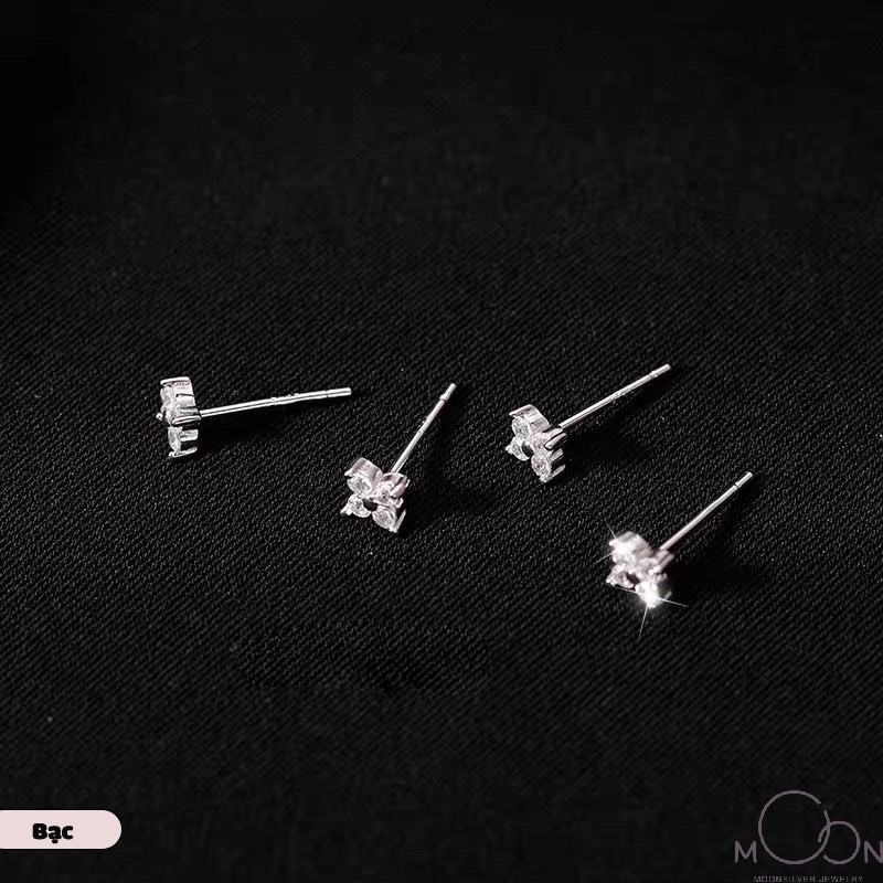 Khuyên tai nữ bông tai bạc ý 925 hoa nhỏ 4 cánh đính đá xinh xắn dạng nụ - moonsilver