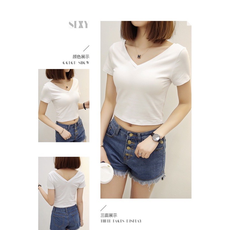 [Mã FAMAYWA giảm 10K đơn 50K] [Quà dây cột tóc] Áo Croptop Dáng Ôm Cổ Chữ V Vải Cotton Gân Siêu Co Dãn | BigBuy360 - bigbuy360.vn