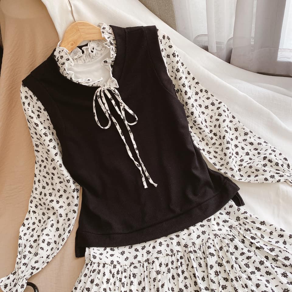 Sét Đầm Nữ Vintage, Váy Đầm Babydoll Chấm Bi Nơ Ngực Tay Bồng Dáng Suông Kèm Gile Ngoài Phong Cách Hàn Quốc. | BigBuy360 - bigbuy360.vn