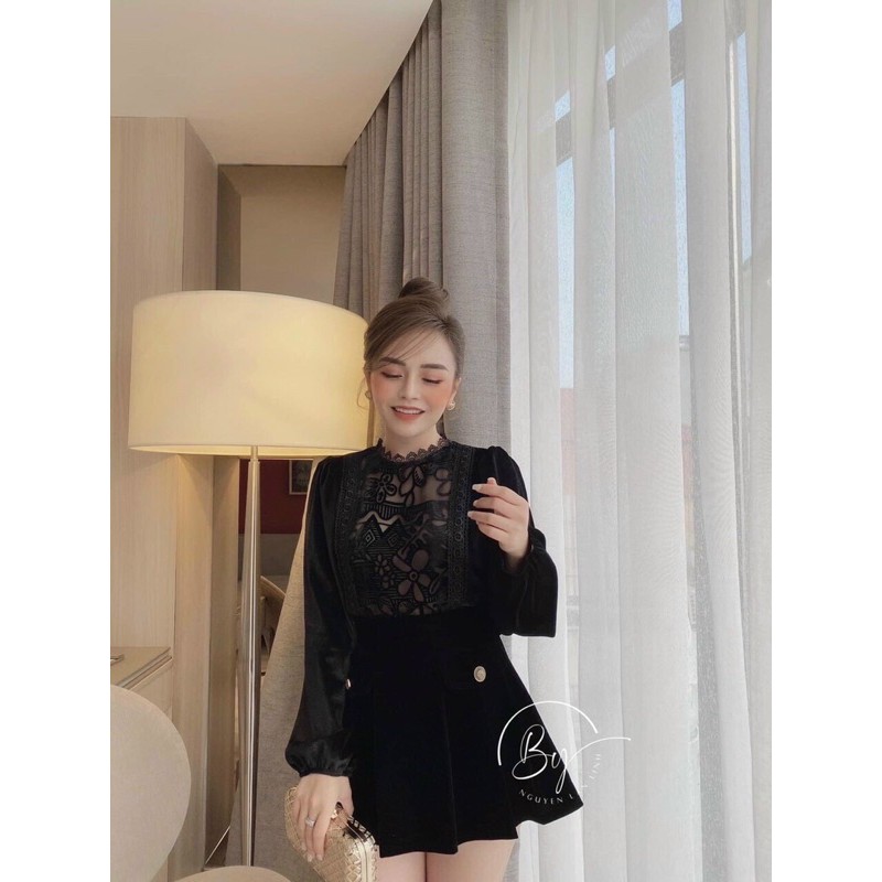 Đầm áo nhung ren chân váy