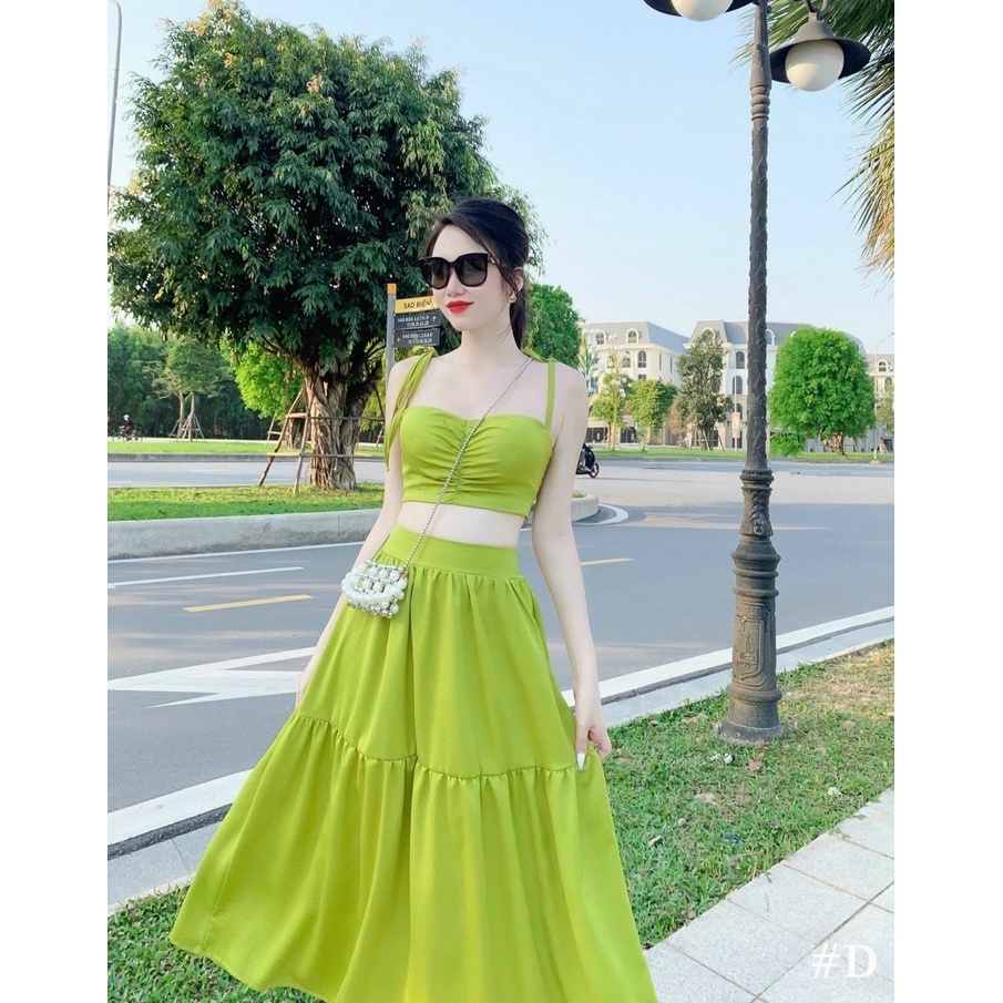 Sét Váy Nữ thời Trang Mặc Đi Chơi, Sét Váy Lụa Có Mút Áo Croptop 2 Dây Ôm Ngực Mix Chân Váy Xoè Xếp Ly 2 Tầng Xinh Xắn