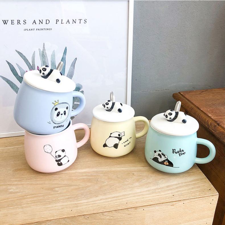Cốc sứ uống nước có nắp hình gấu Panda dễ thương 400ml, ly sứ phù hợp làm quà tặng