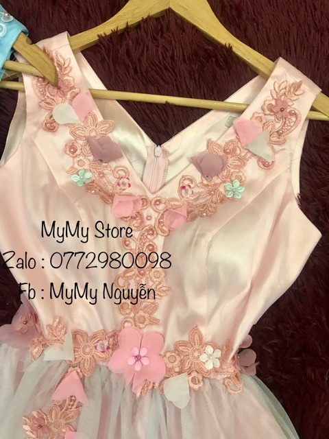 Đầm maxi dự tiệc mặc cưới kết hoa nổi phối màu lưới TRIPBLE T DRESS - size M/L kèm ảnh/video thật) MS144V