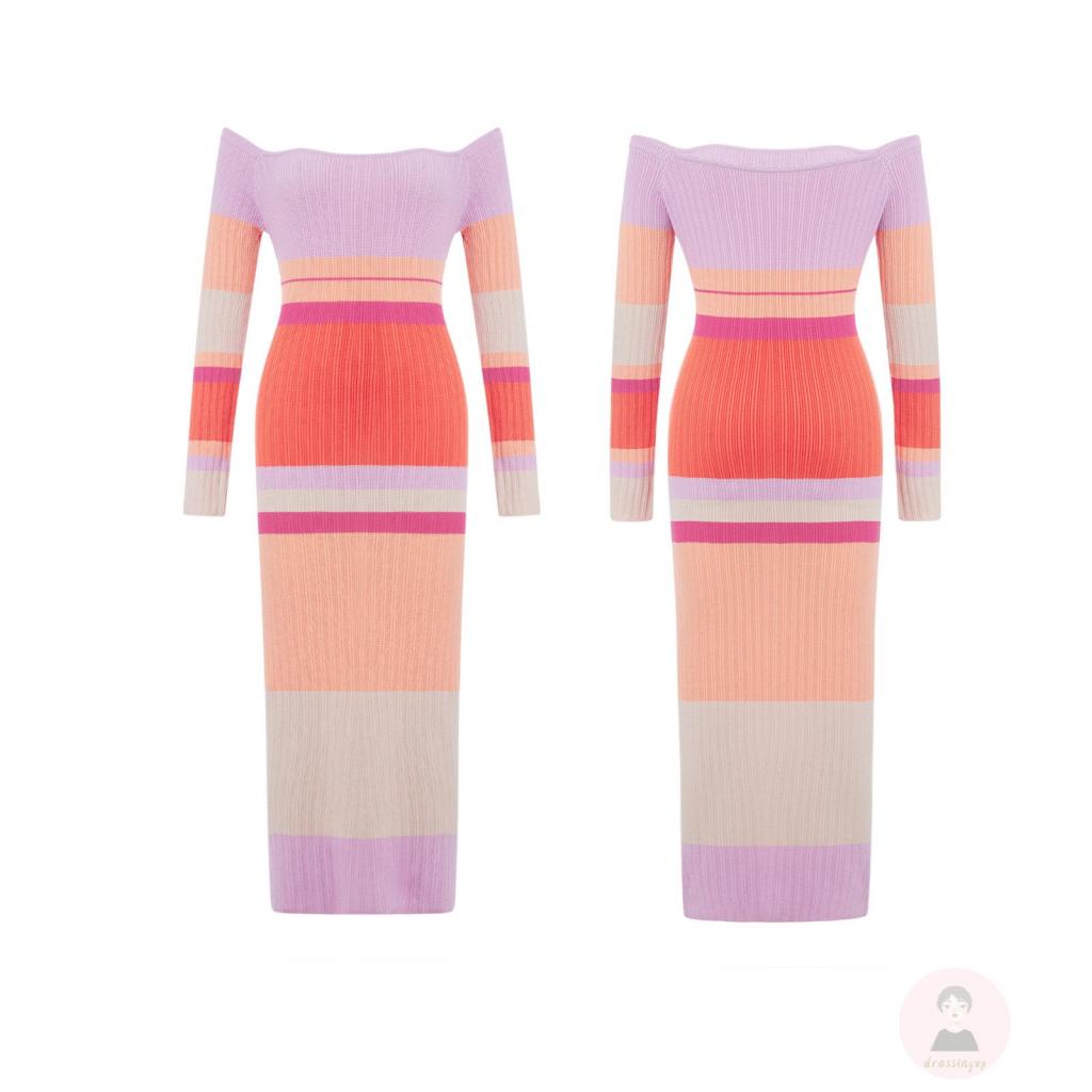 Đầm Dệt Kim Dài Tay Trễ Vai Họa Tiết Kẻ Sọc Màu Sắc Tương Phản Thời Trang Cho Nữ