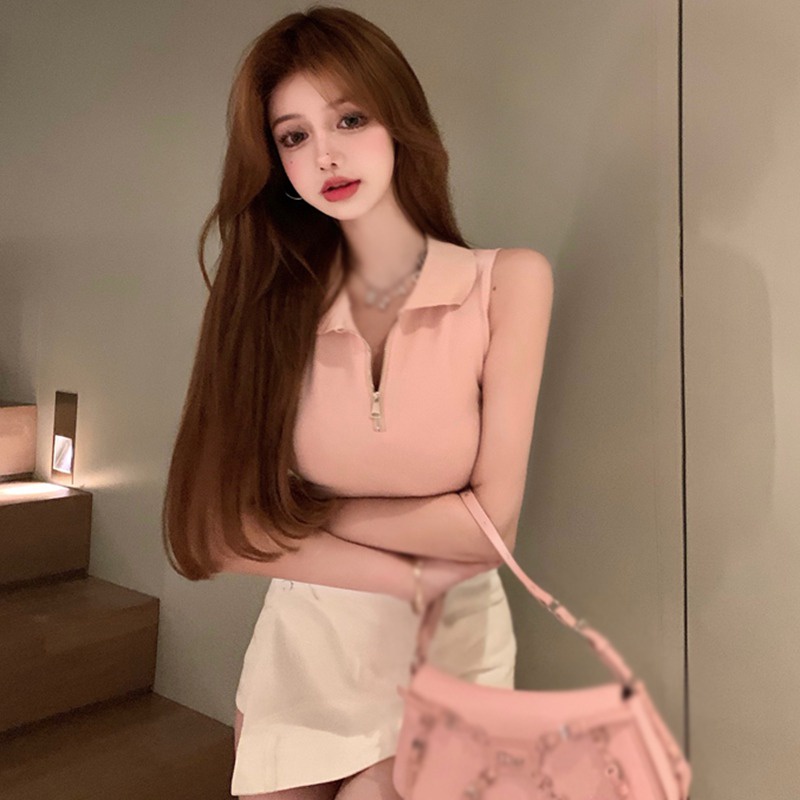 Áo Croptop Dệt Kim Sát Nách Phối Khóa Kéo Trước Thời Trang Mùa Hè Quyến Rũ Cho Nữ