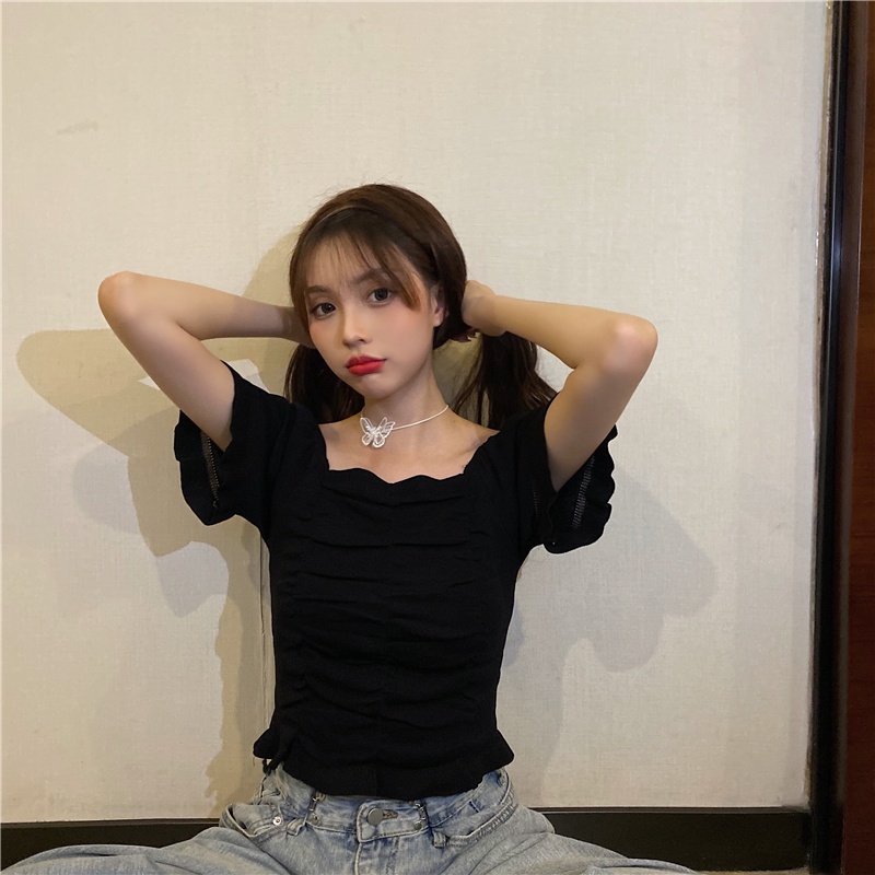 Áo kiểu ZHELIHANGFEI tay ngắn cổ vuông phong cách Pháp thời trang 2022 dành cho nữ