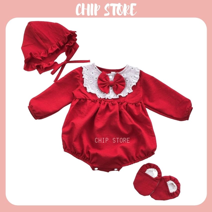 Body dài tay cho bé CHIP STORE Bodysuit màu đỏ sang chảnh cho bé mặc đầy tháng, noel, tết siêu đáng yêu