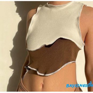 Áo Croptop Không Tay Cổ Tròn Màu Sắc Ghép Nối Thời Trang Quyến Rũ Sáng Tạo Cho Nữ