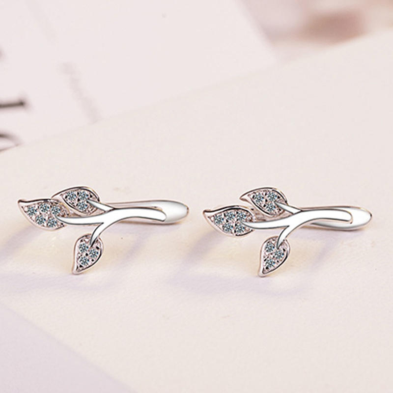 Silver Stud Earring Simple Sweet Crystal Leaf Design Earring for Women Fashion Lady Jewelry