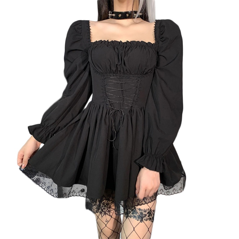 Youyo Đầm Dáng Chữ A Tay Phồng Dài Phối Ren Phong Cách Gothic Lolita Cho Nữ