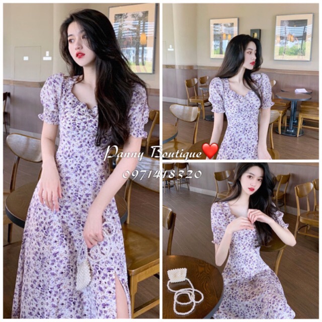 (Sẵn size S)Đầm Váy hoa nhí trắng tím xẻ tà, style ulzzang Hàn Quốc 🌻 Panny Boutique 🌻