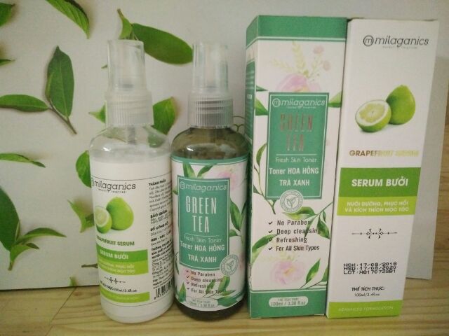 [ Combo Milaganics] Serum Bưởi 100ml &amp; Toner Hoa Hồng Trà Xanh