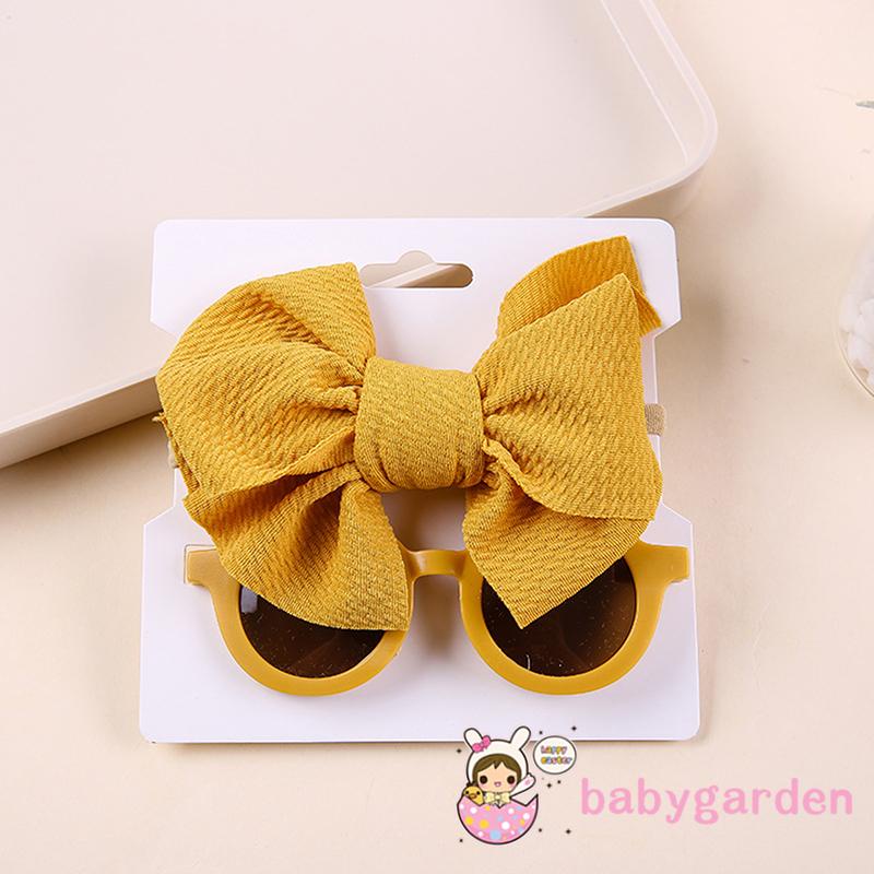 Bộ Kính Mát Tròn Chống Tia UV + Băng Đô Nơ Màu Trơn Dành Cho Bé Gái