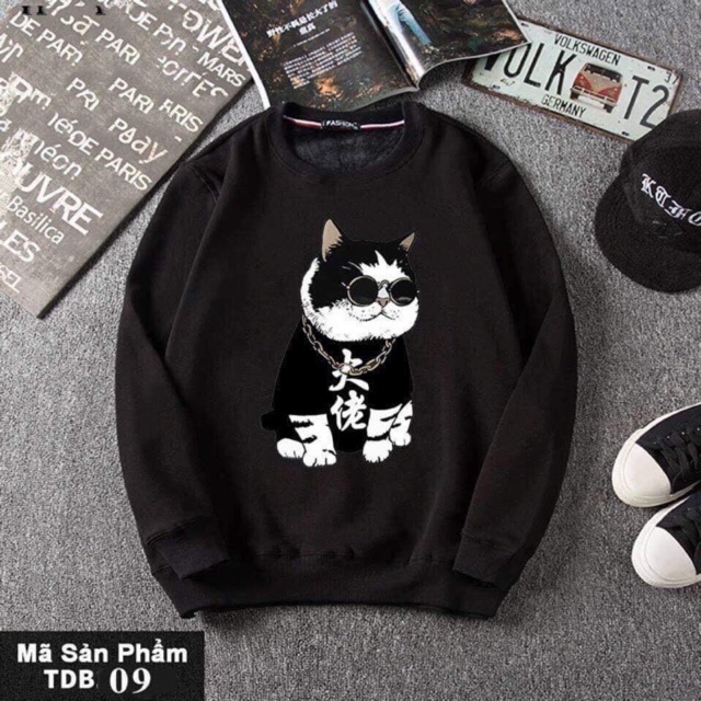 Áo sweater nam nữ mèo kính đen có bigsize vải nỉ bông dày dặn