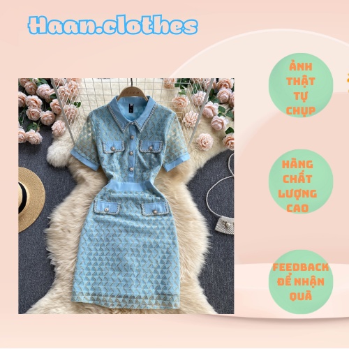 Đầm tay ngắn cổ sơ mi 2 màu xanh và mơ đủ size dáng ôm 2 lớp