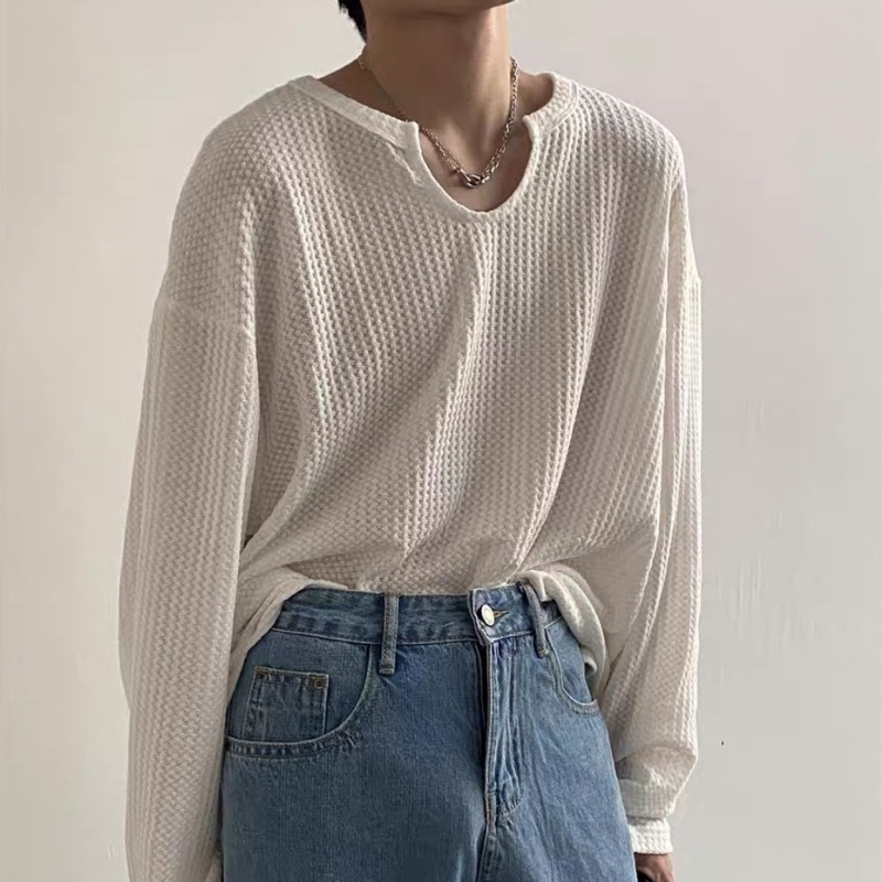 Áo thun tay dài, áo phông unisex form rộng cổ V oversize màu trắng phong cách Hàn Quốc